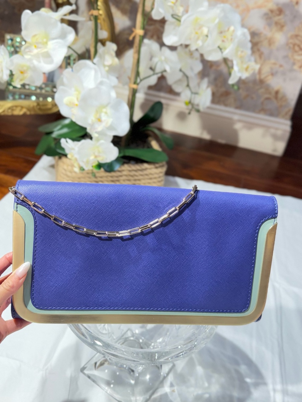 Botkier Purple Blue Clutch with Cream & Mint Trim and Silver Chain